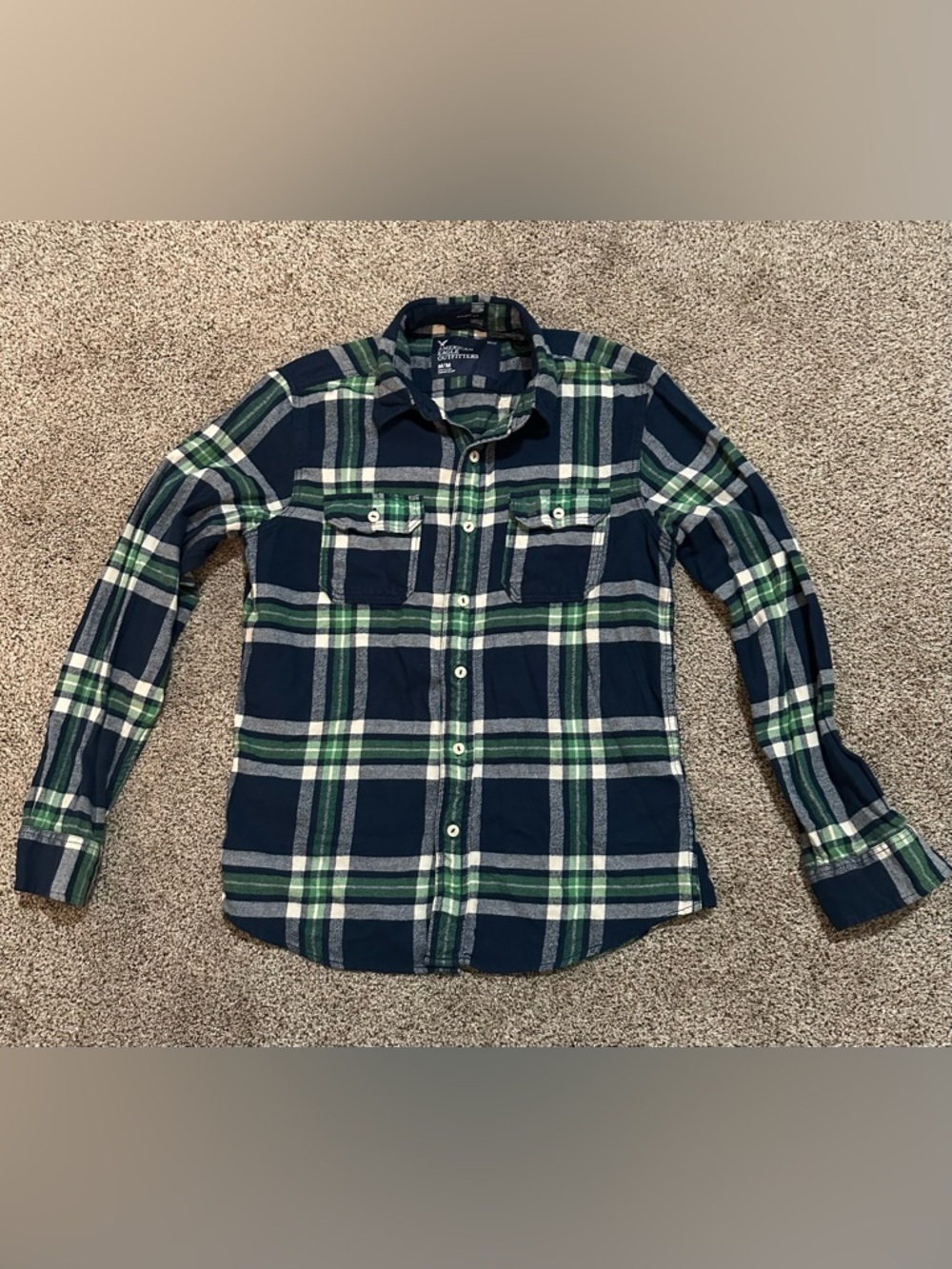 American Eagle Outfitters Navy Green White Plaid Button-Up Shirt